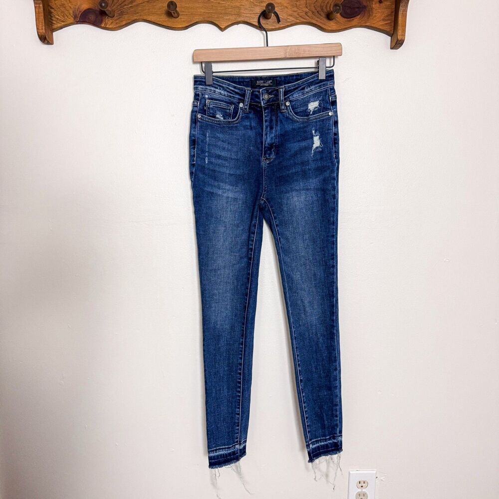 Judy Blue High Waisted Dark Wash Skinny Fit Denim Distressed Jeans - Picture 5 of 5